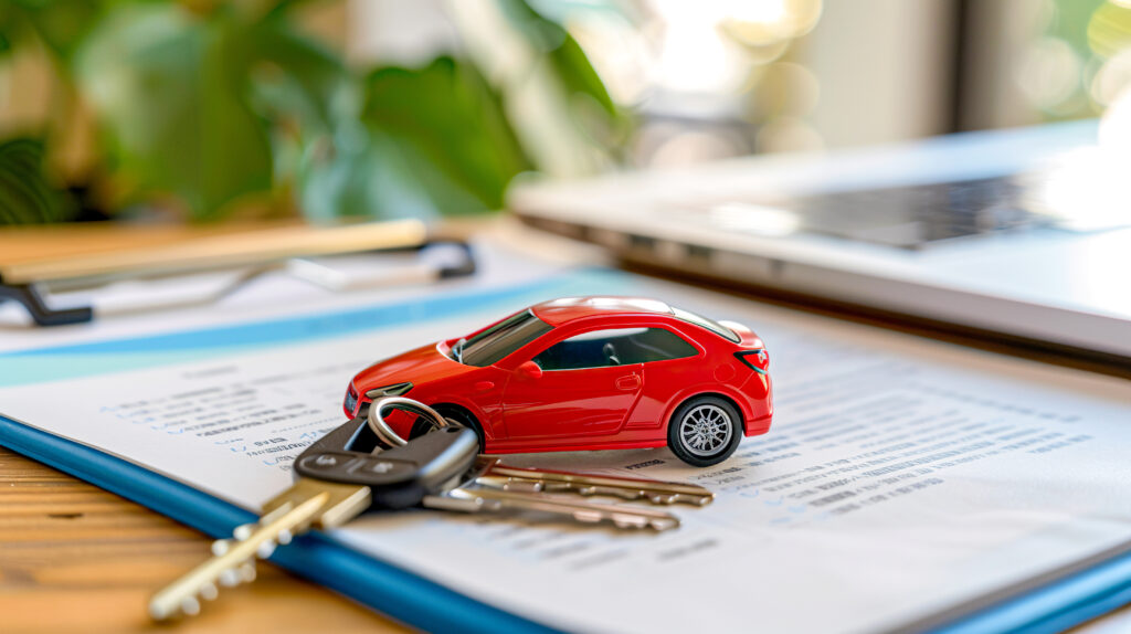 application form for car loan, purchase agreement or insurance document. red toy car and keys on clipboard. buy or rent auto